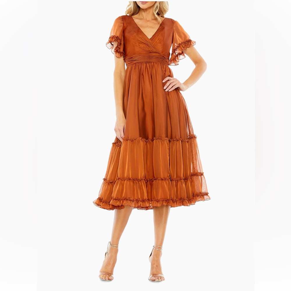 Mac Duggal Ruffle Trim Rust Orange Midi Dress